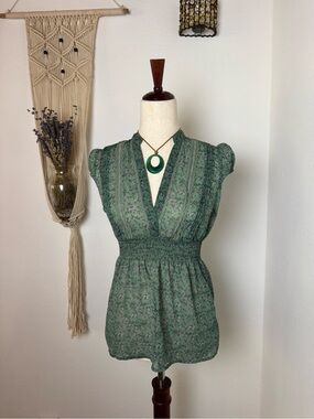Candie's Green Floral Smocked Waist V-Neck Blouse